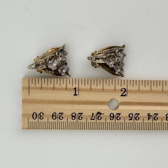 Vintage Vermeil Filigree Flowers Clip On Earrings Silver Gold Cannetille 7/8" L - Picture 7 of 15
